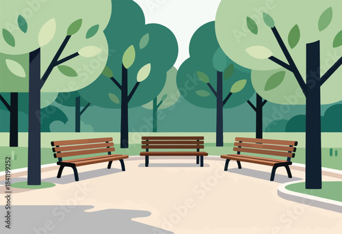 Stylized park scene with benches and trees in various greens. A pathway leads toward the backdrop of foliage