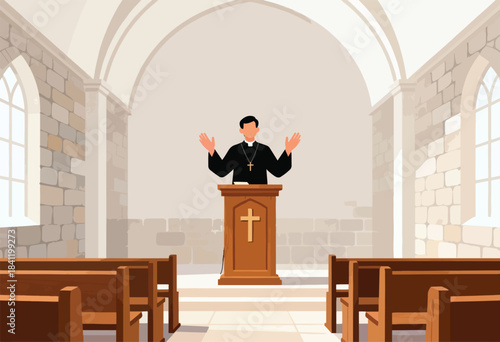 A church interior depicts a figure in a pulpit with outstretched arms, set against stone walls and arched ceilings