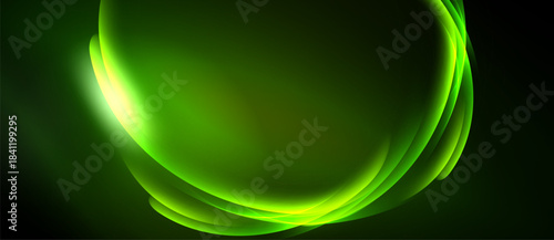 Abstract green curves flow, creating luminous shapes against dark background. Smooth gradients suggest movement, depth. Minimalist design.