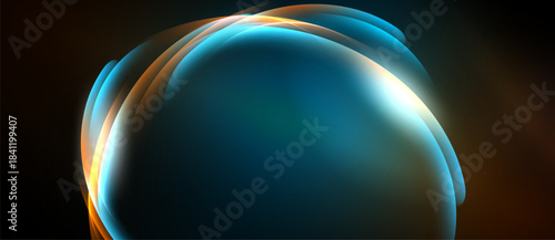 Abstract light swirls create glowing orb. Blue, orange hues blend, forming dynamic energy flow against dark background.