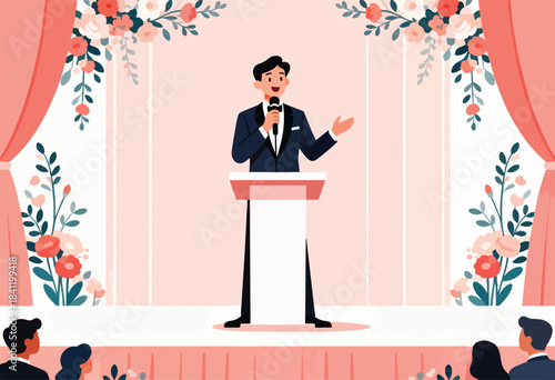 A man in a suit speaks at a podium with flowers and curtains, with an audience in the foreground