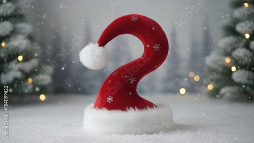 Red Santa hat shaped like question mark in snowy winter scene