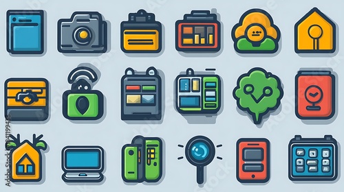 Grid of stylized cartoon icons technology and business applications collection photo