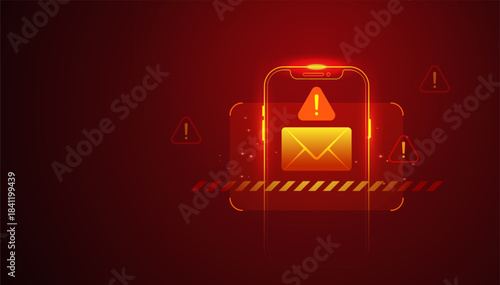 Cybersecurity Warning Spam SMS - Mobile Phishing Scam Message Alert on Smartphone Email Screen Vector Illustration