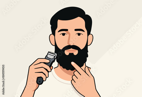 An illustrated man with a beard is trimming it with a beard trimmer. He touches his beard with his other hand