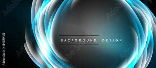 Abstract blue waves, glowing layers create modern design. Dark background emphasizes bright central element, text included.