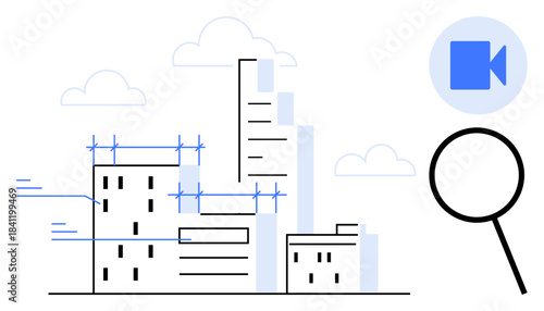 Urban planning, construction, real estate, digital tools, project management, architectural research. Abstract cityscape with magnifying glass and video icon. Urban planning and construction concepts