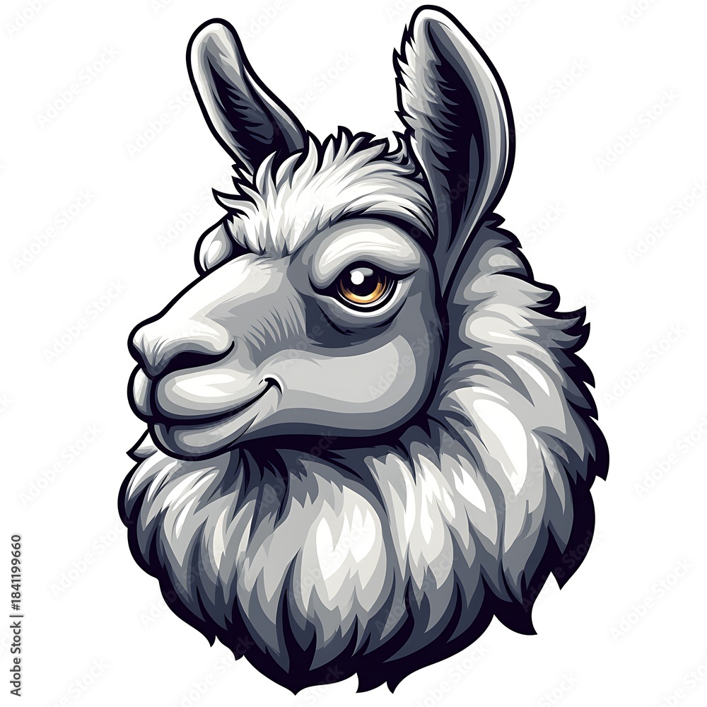 Obraz premium Grinning Llama Head Illustration with Grey Fur and Yellow Eye alpaca animal photo
