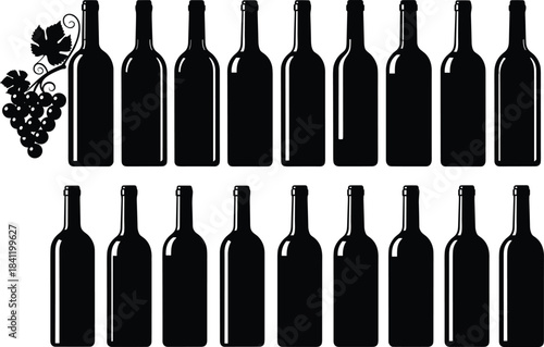 Silhouette wine bottle collection with grapevine, black graphic icons, winery design elements, vineyard branding illustration for stock use