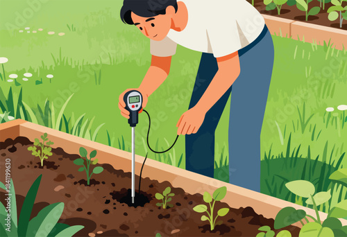 A person in a garden bed uses a soil meter to test the earth around young plants
