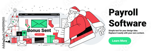 Santa Christmas payroll bonus sent celebration festive scene with Santa pointing at computer screen gifts tree snow website interface holiday theme