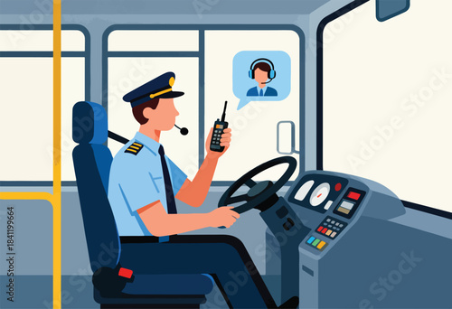 A bus driver, in uniform, speaks into a radio inside the bus.  A call center agent's image is in a speech bubble