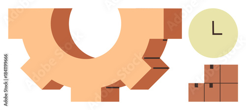 Mechanical gear, clock, and stacked boxes represent efficiency, time management, organization, teamwork, productivity, and logistics. Ideal for planning shipping business automation and workflow