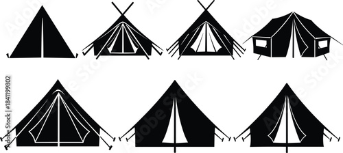 Tent silhouette illustration set, camping gear styles, outdoor shelter designs, black vector artwork, white background