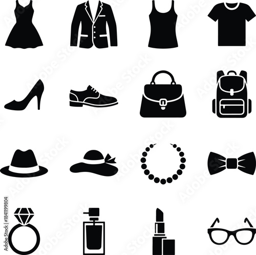 Stylish Collection of Black Silhouette Fashion, Clothing, and Accessories Icons Representing Modern Commerce, E-commerce, and Shopping Concepts.