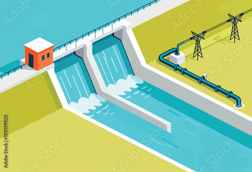 Isometric illustration of a dam with cascading water, a control building, and electrical power infrastructure