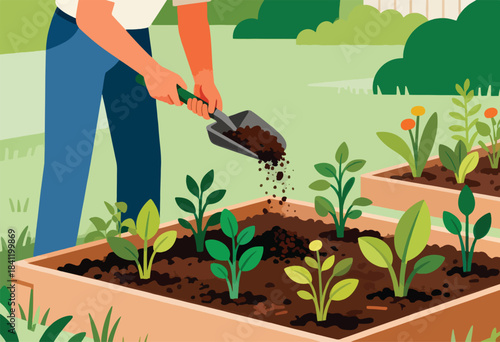 Illustration depicts a person tending to a raised garden bed with various plants, adding soil with a trowel