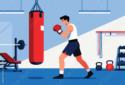 An athletic man in a boxing gym practices jabs on a heavy bag. Gym equipment, weights, and accessories are visible
