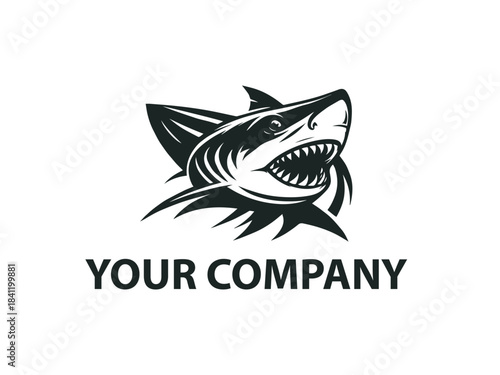 Shark silhouette presented as a bold black vector emblem design. Aquatic predator concept