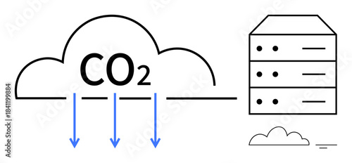 CO2 emissions. The visual connects CO2 emissions to data center impacts, environmental concerns. CO2 highlights the focus on sustainability and energy efficiency. For environmental awareness