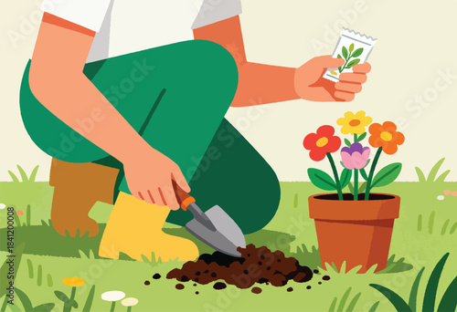 An illustrated person plants seeds with a trowel and seed packet, potted flowers beside