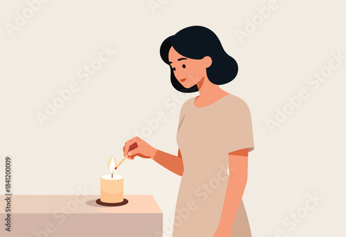 A woman in a tan dress lights a candle with a match. Minimalist style illustration with warm tones