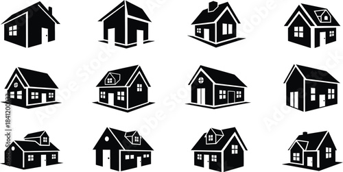Black silhouette collection of various small house designs