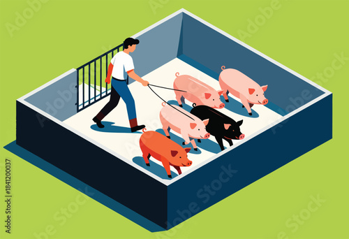 An isometric illustration depicts a person walking pigs on leashes, inside a rectangular pen with a fence and a vibrant green background