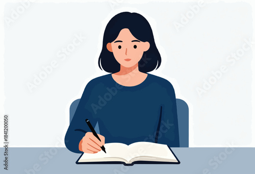 Illustration of a woman sitting and writing in a notebook at a desk. Simple style with clean lines and soft colors