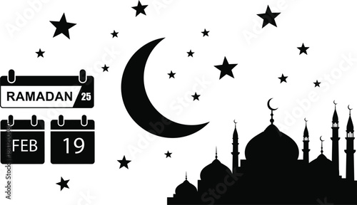 Ramadan calendar crescent moon and mosque silhouette with sparkling stars design
