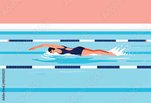 A swimmer in a blue suit glides through a pool, creating splashes. The lane lines and surface texture are rendered in flat design