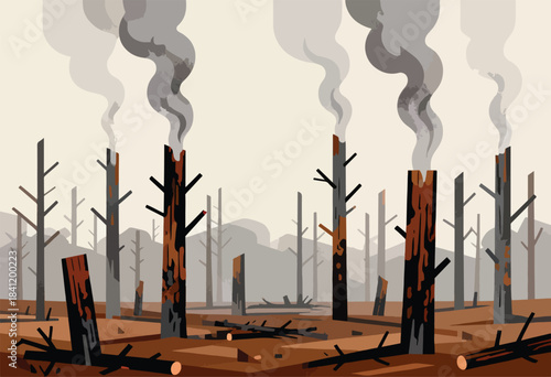A digital illustration depicts a forest landscape ravaged by fire, with charred trees emitting smoke