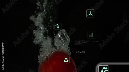 Bubble column starting red fruit entering water, fruit sinking, icons floating and showing metrics