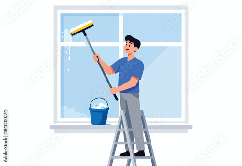 A man cleans a window with a squeegee, standing on a ladder. A bucket with suds is present