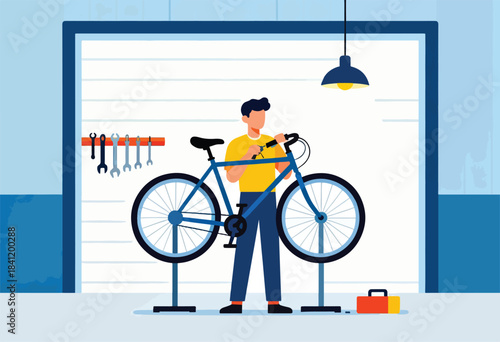 A man repairs a bicycle in a garage, tools on the wall, with a lamp overhead and a toolbox nearby