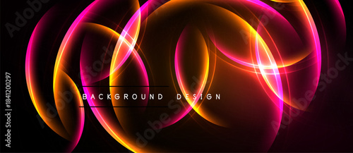 Abstract neon lights form flowing shapes. Vibrant orange, pink hues dominate black background. Modern design element.