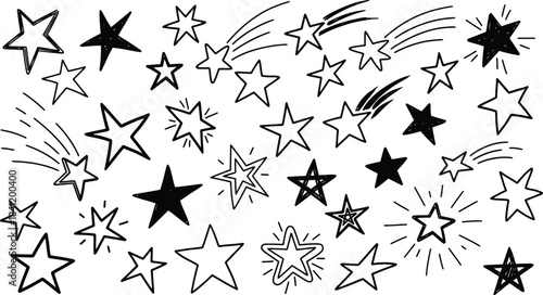 Hand drawn stars and shooting stars black and white sketch