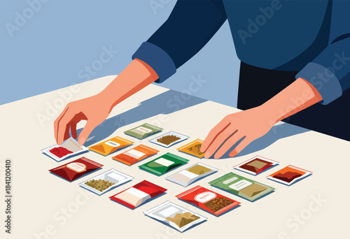 Person's hands arranging various food packet samples on a light surface, illustration