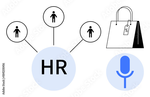 Workforce planning, retail analysis, technology, communication, hiring, data visualization. Human Resources linking icons, shopping bag with a discount tag microphone symbol. Workforce and retail