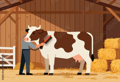 A farmer brushes a brown and white cow inside a wooden barn, with hay bales stacked beside it