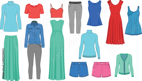 Women's clothing collection, tops, dresses, skirts, pants, shorts, fashion styles, colorful outfits, wardrobe essentials, apparel variety, vector set