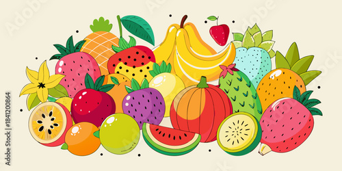 Abstract funny doodle style. Natural tropical fruits. Lemon, cherry, apple, peach, banana, strawberry, pineapple, fig, dragon fruit. Vector illustration.