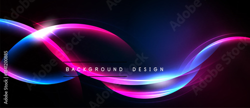 Abstract neon lines create dynamic curves. Vivid pinks, blues blend against dark backdrop. Modern design element for digital projects.
