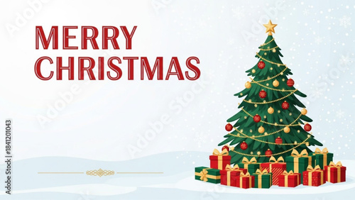 Merry Christmas Poster Template – Flat Vector Holiday Tree Design with Snow & Gifts