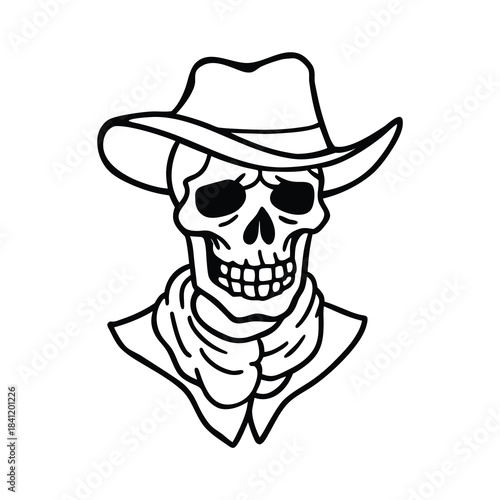 Cartoon vector illustration of a fun pirate skull wearing a cowboy hat and black eyepatch, a great icon symbol for costume design or a tattoo character