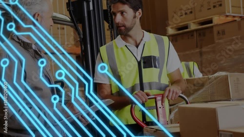 Lead checking clipboard, circuit appearing sweeping warehouse worker adjusting jack verifying stock
