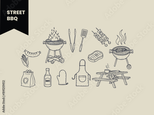 Hand Drawn Street BBQ and Grilling Icon Set - Doodle Style Barbecue Tools, Meat, and Picnic Vector Illustration