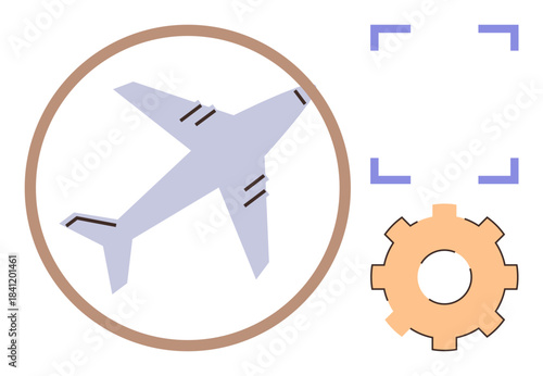 Airplane surrounded by a circular frame, gear symbol, and corner markers. Ideal for aviation, travel, navigation, technology, optimization engineering and innovation. A simple flat metaphor