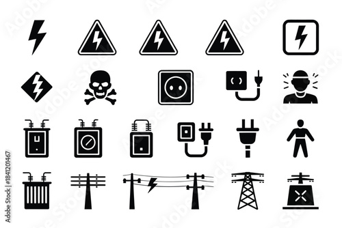Collection of electrical hazard warning and safety symbol icons displayed