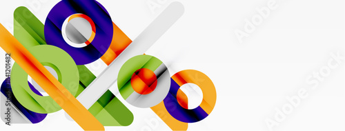 Abstract geometric shapes overlap, creating vibrant color contrasts. Modern design elements suggest movement, depth, innovation.